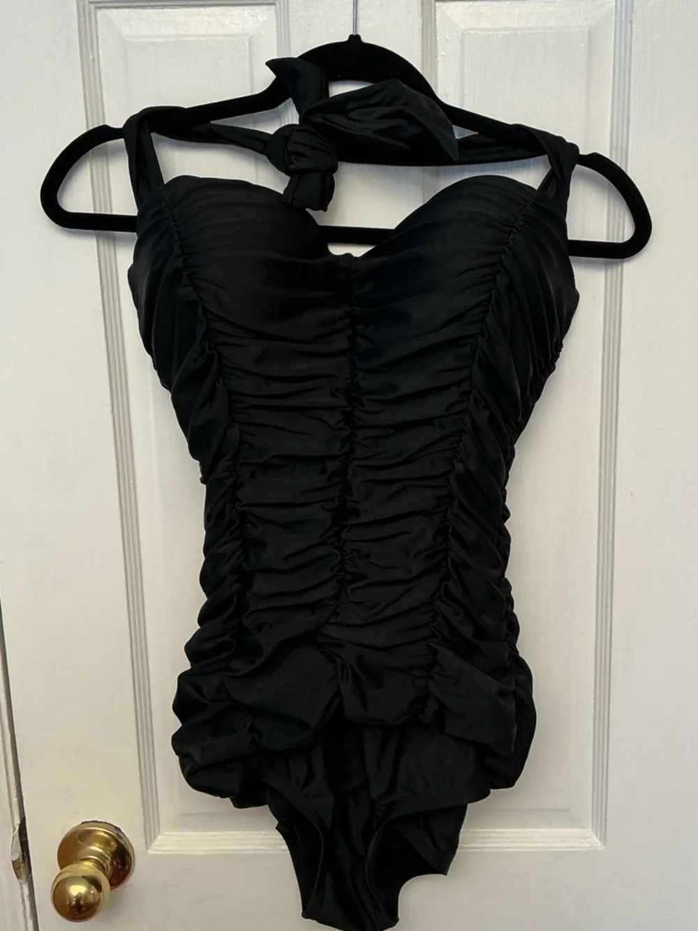 NWT Unique Vintage Black Ruched Mansfield Halter One-Piece Swimsuit Large - Picture 1 of 5